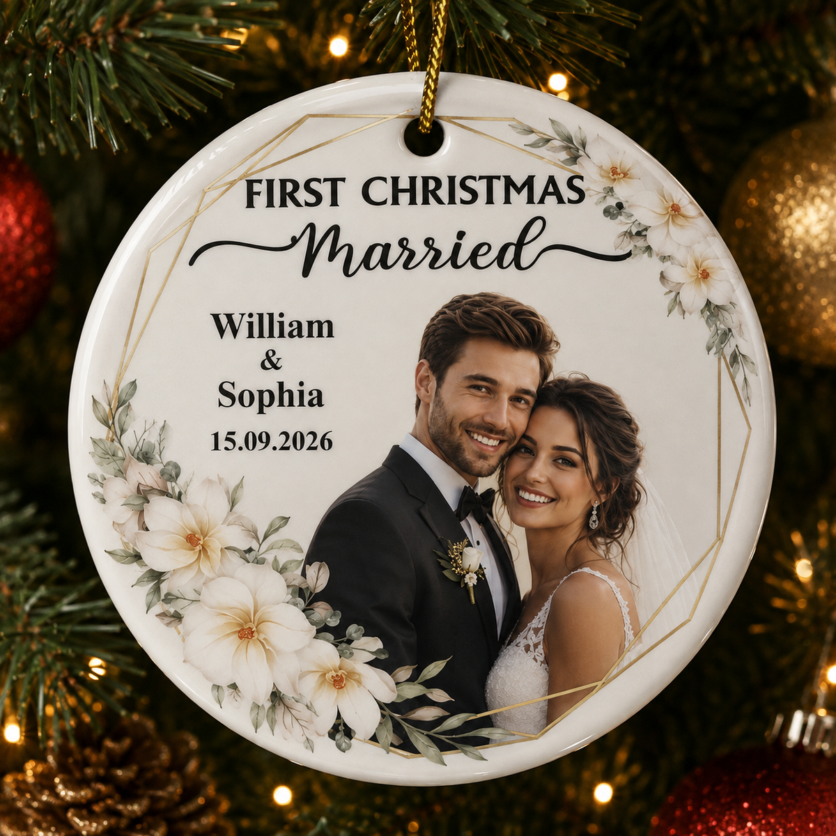 Personalized First Christmas Married Photo Glass Ornament, Ceramic Ornament