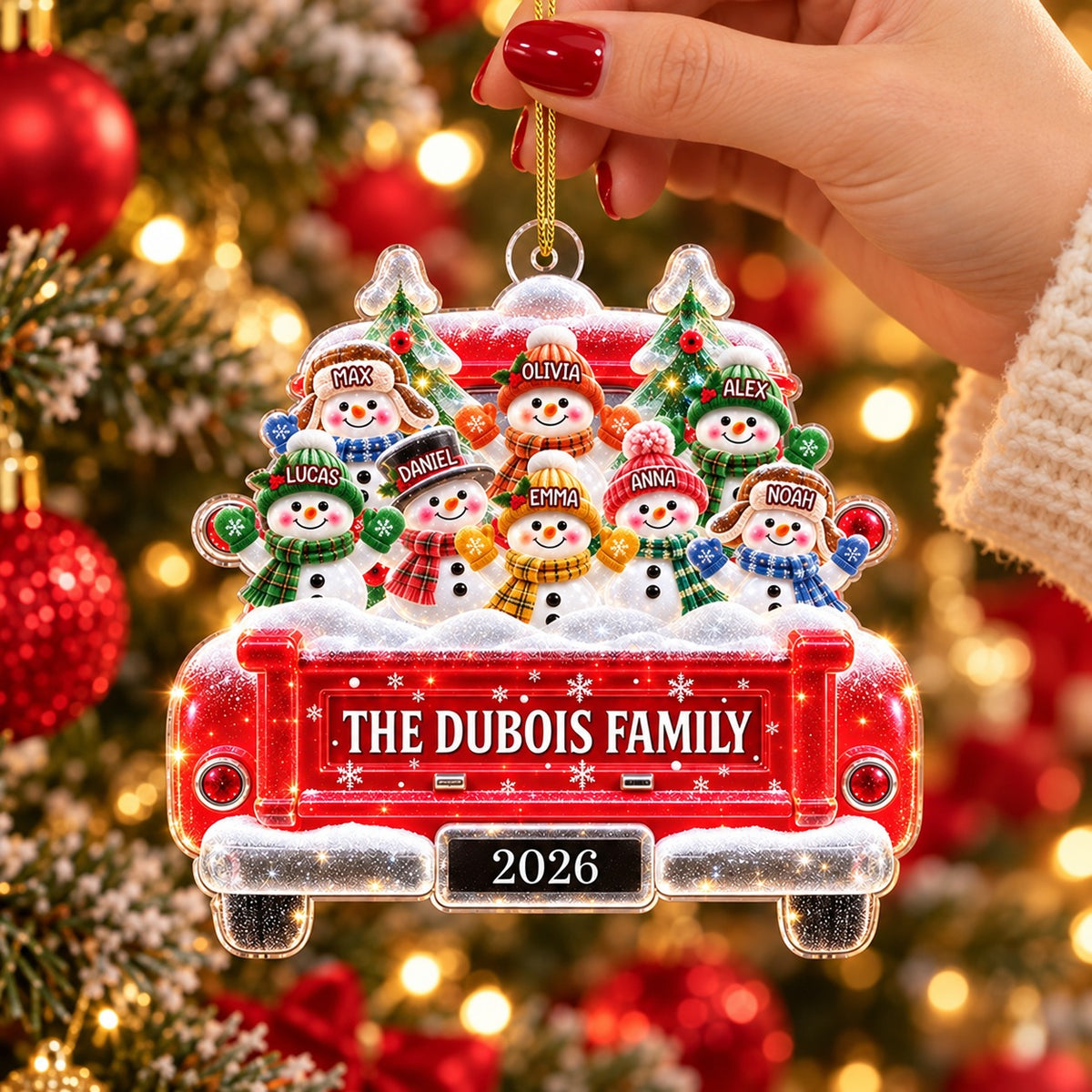 Personalized Snowman Family Truck Christmas Ornament, Christmas Gift