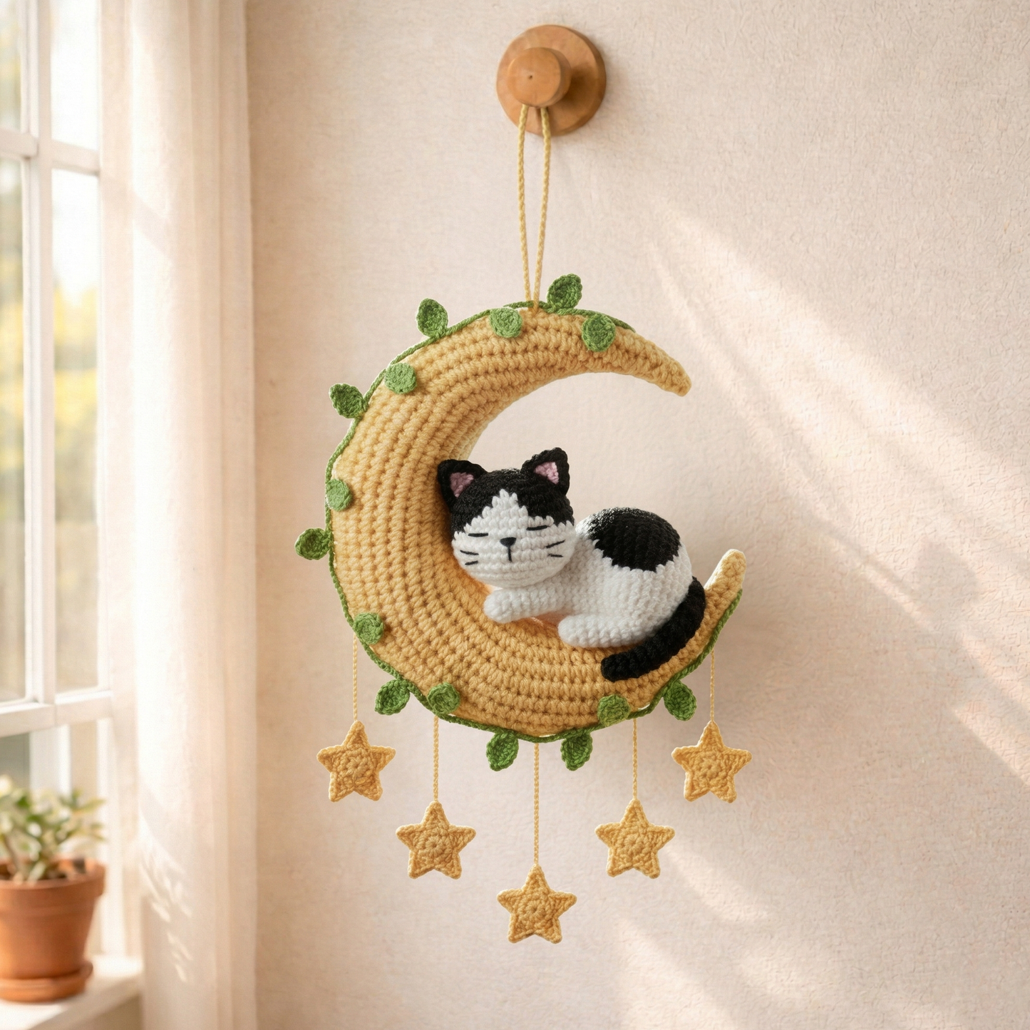Crochet Sleeping Cat on Moon – Cozy Gift for Cat Lovers