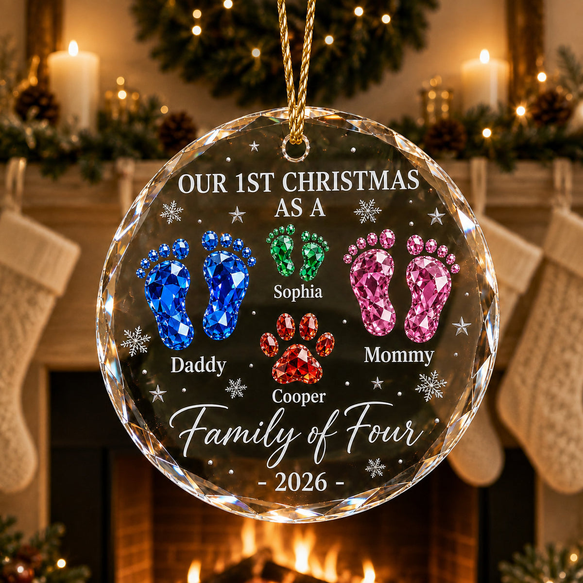 Personalized Family of Four Christmas Glass Ornament