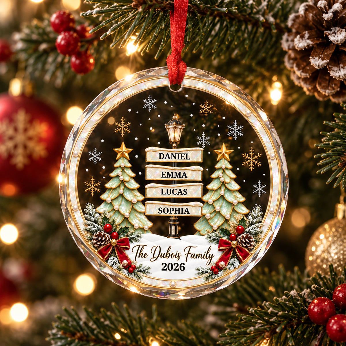Personalized Family Signpost Christmas Glass Ornament