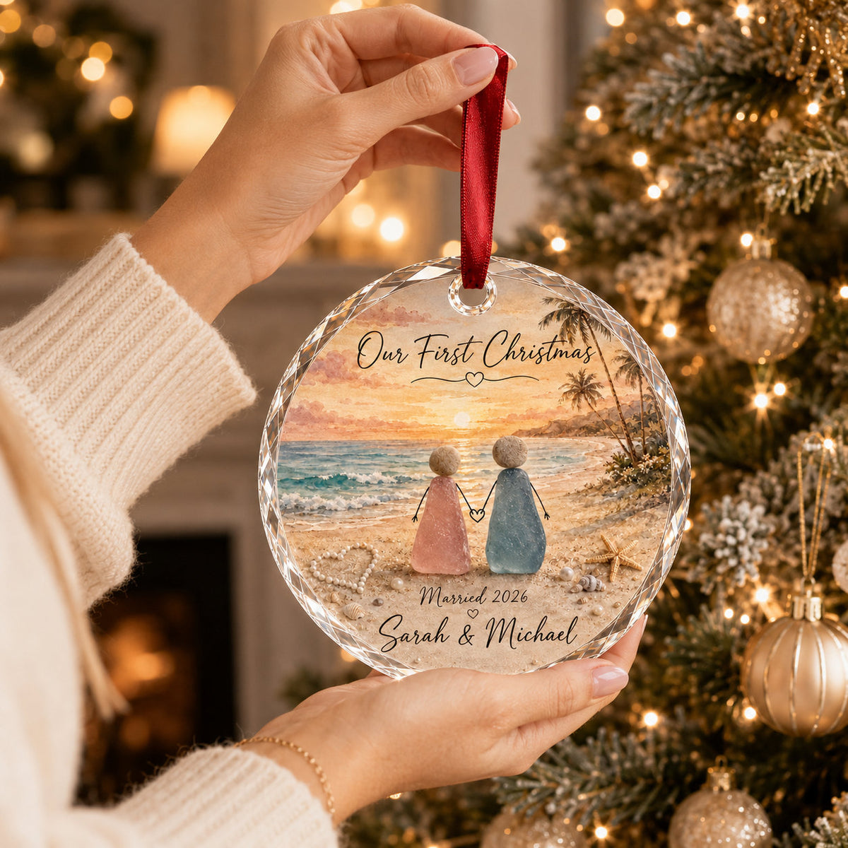 Personalized Beach Couple Christmas Glass Ornament