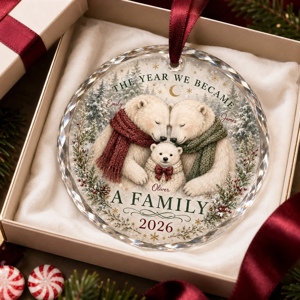 Personalized New Family Polar Bear Glass Ornament