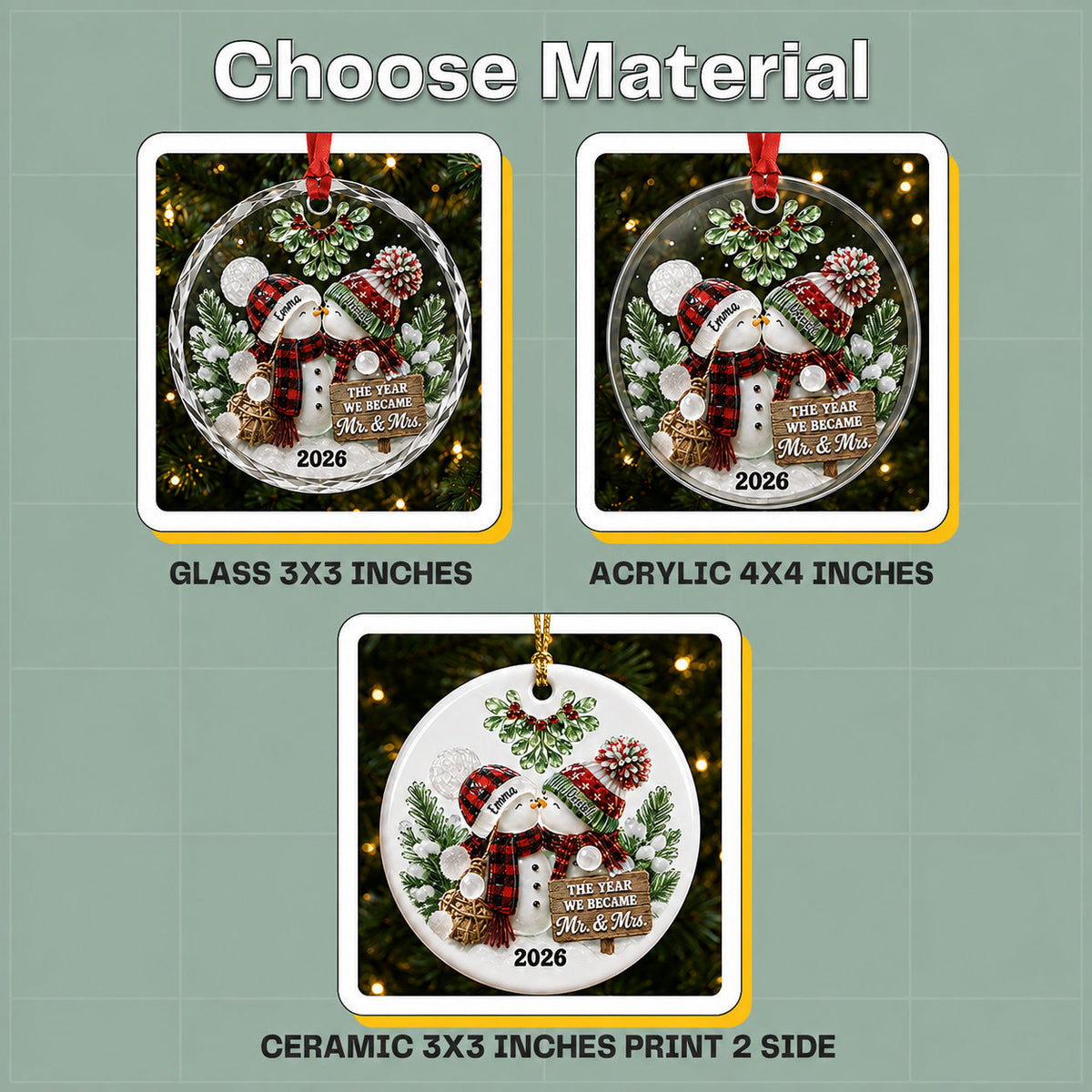 Personalized Newlywed Snowman Christmas Glass Ornament, Ceramic Ornament product image 2 of 5