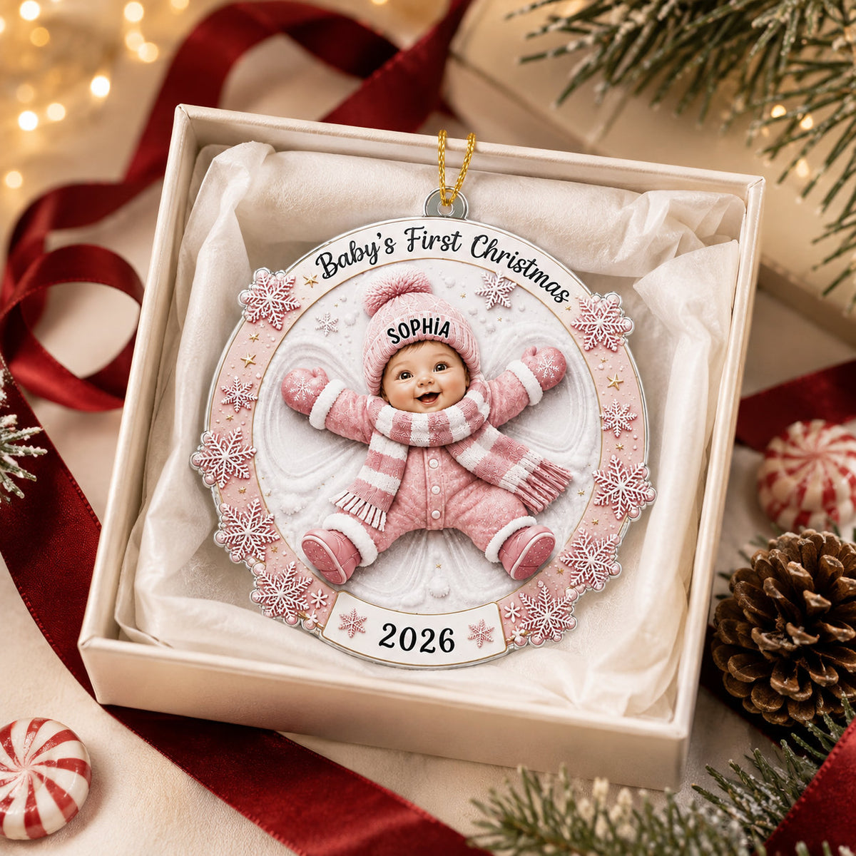Personalized Baby Snow Angel Christmas 2 Layer Ornament