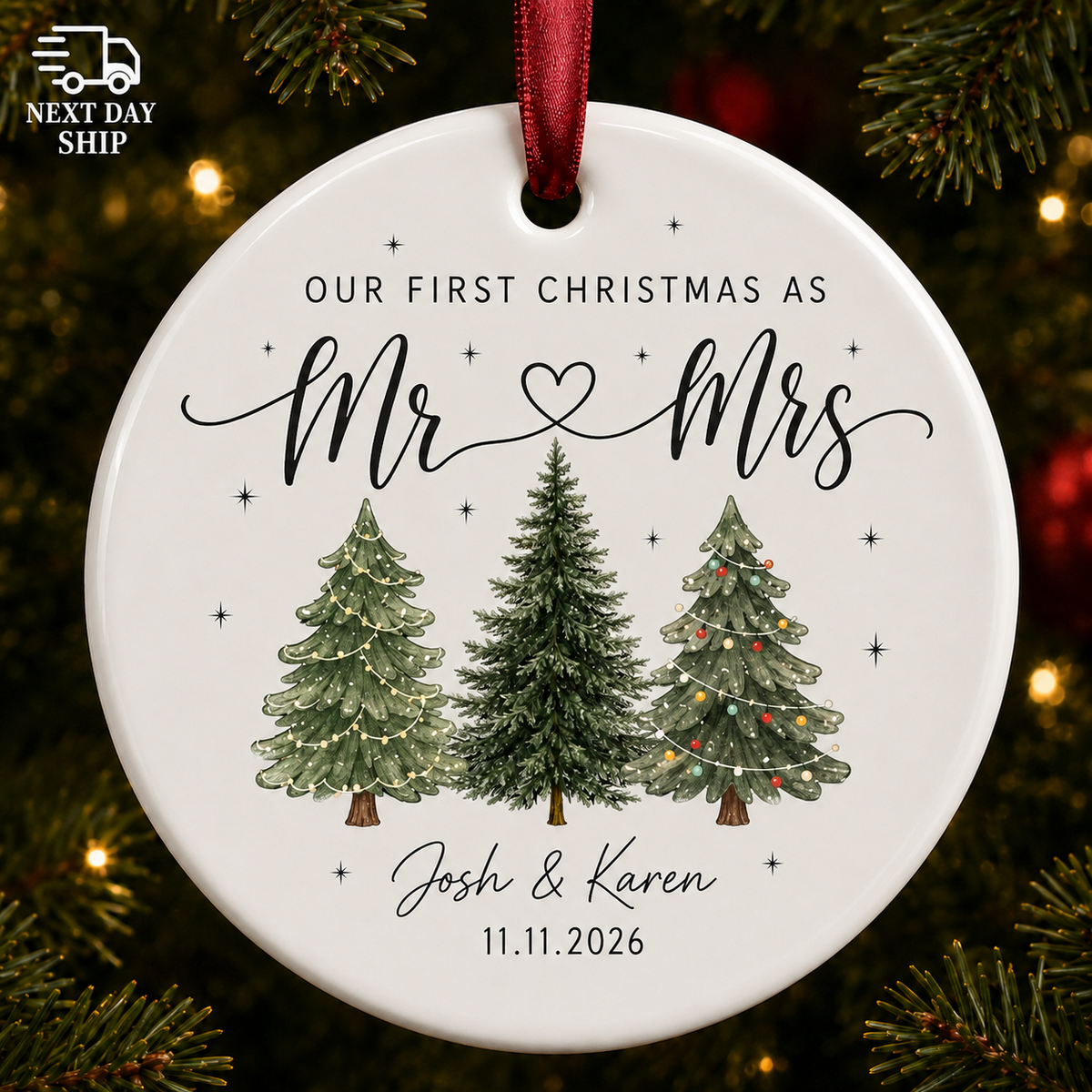 Personalized First Christmas Mr & Mrs Couple Glass Ornament