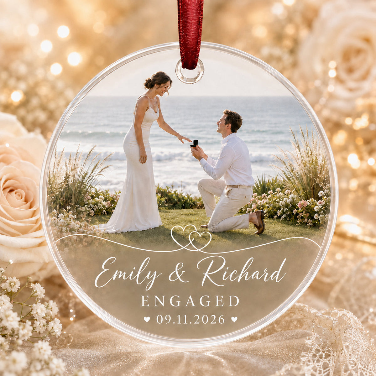 Personalized Engagement Photo Christmas Glass Ornament
