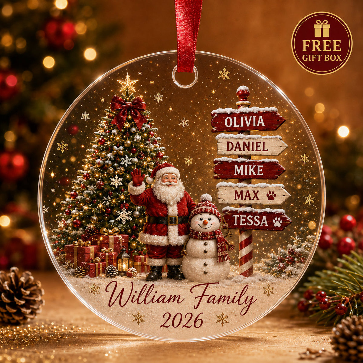 Personalized Santa Family Christmas Glass Ornament