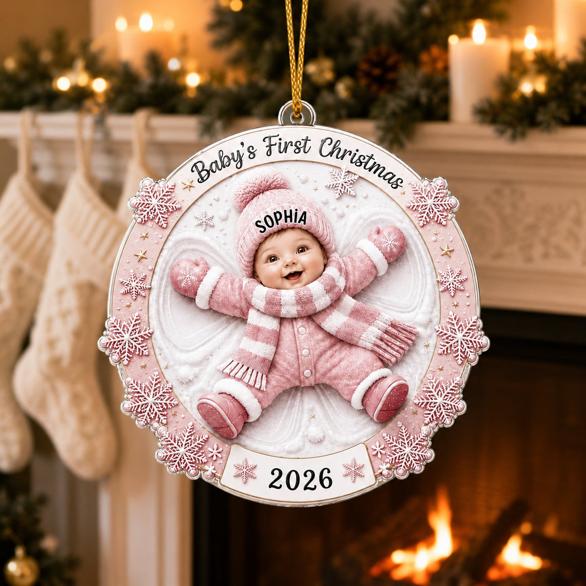 Personalized Baby Snow Angel Christmas 2 Layer Ornament