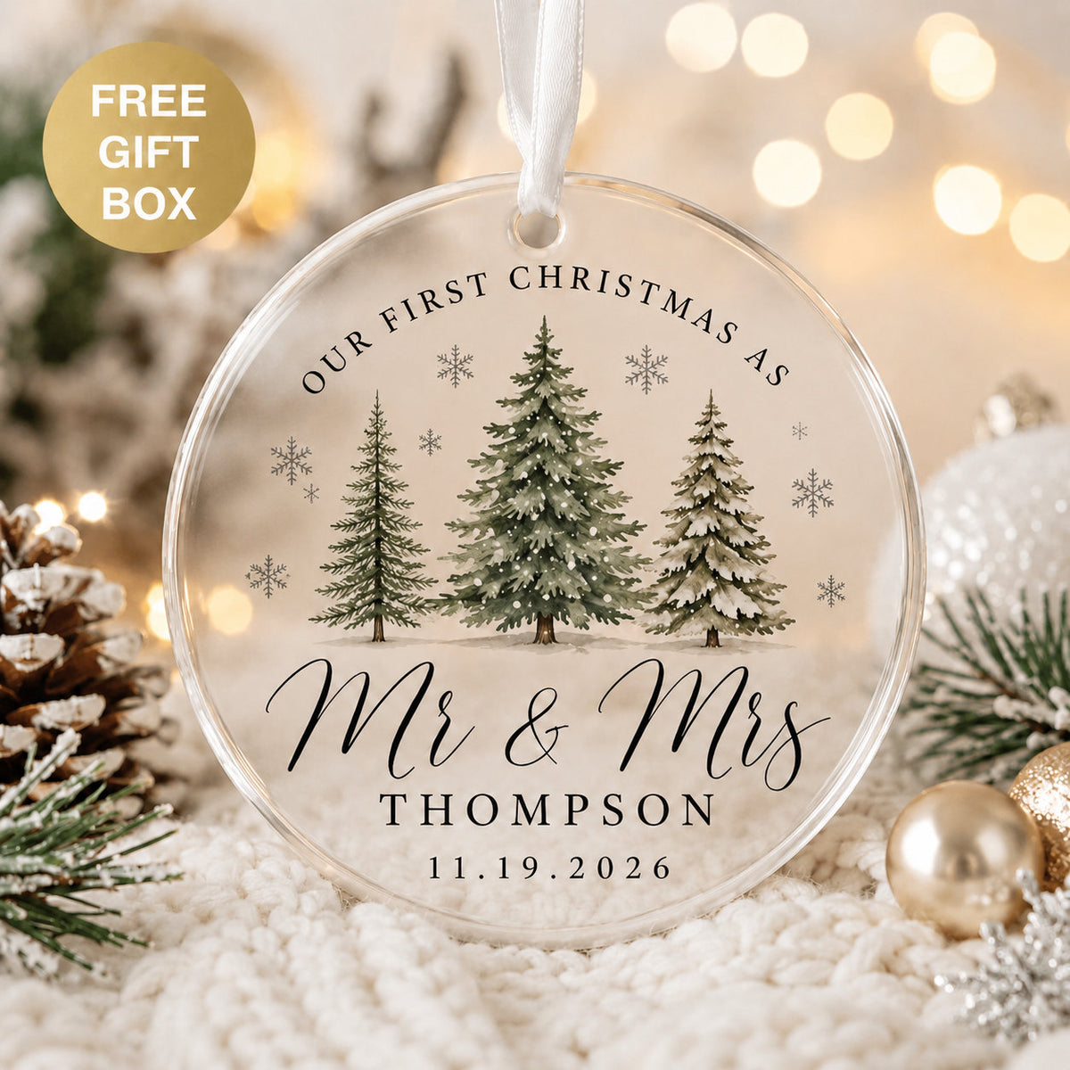 Personalized First Christmas Married Glass Ornament