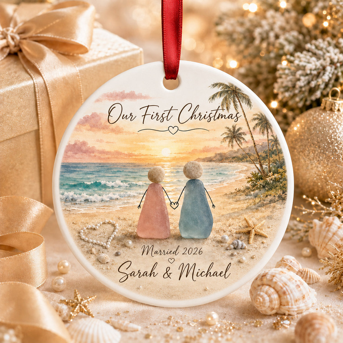 Personalized Beach Couple Christmas Glass Ornament