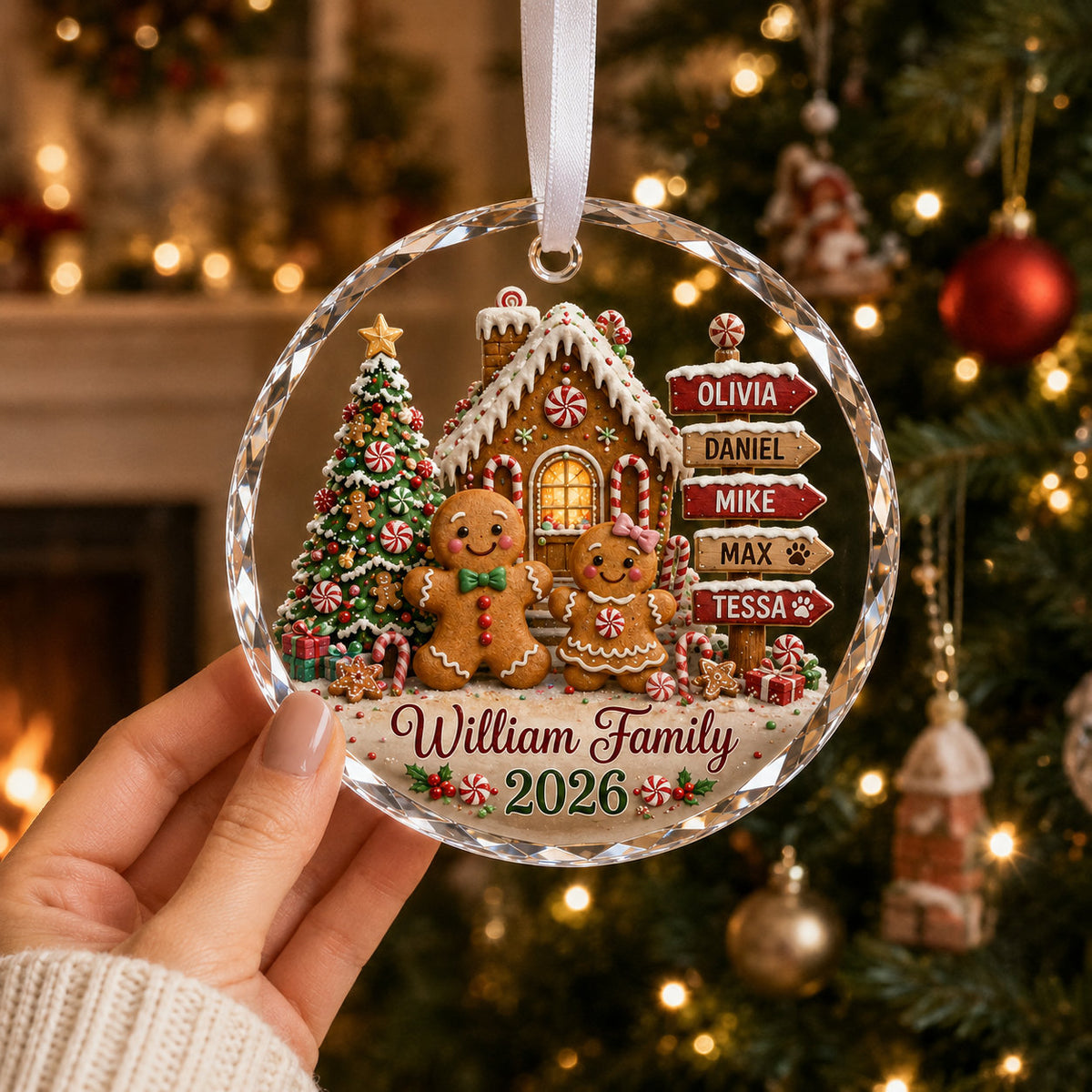 Personalized Gingerbread Family Christmas Glass Ornament