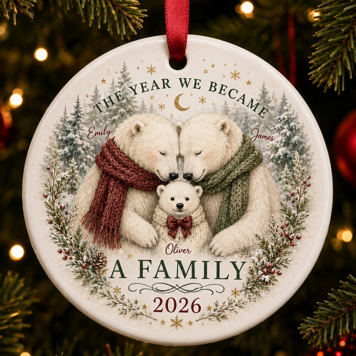 Personalized New Family Polar Bear Glass Ornament