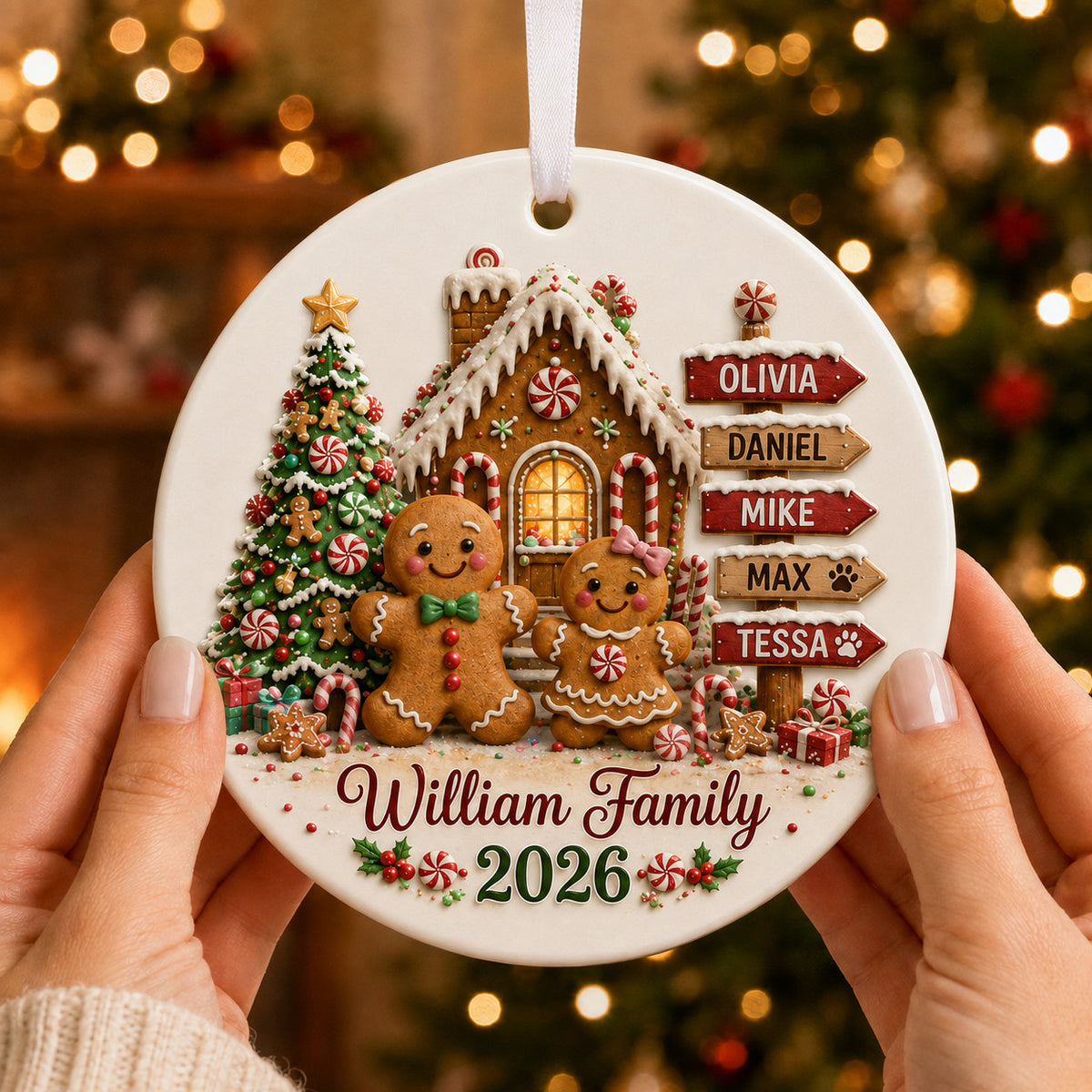 Personalized Gingerbread Family Christmas Glass Ornament