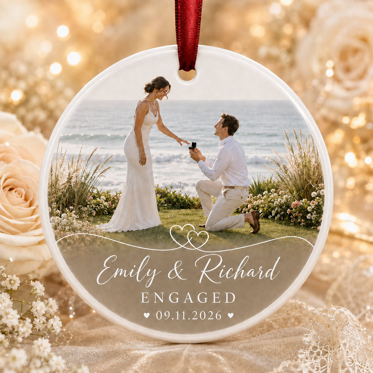 Personalized Engagement Photo Christmas Glass Ornament