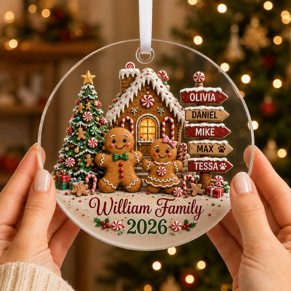 Personalized Gingerbread Family Christmas Glass Ornament