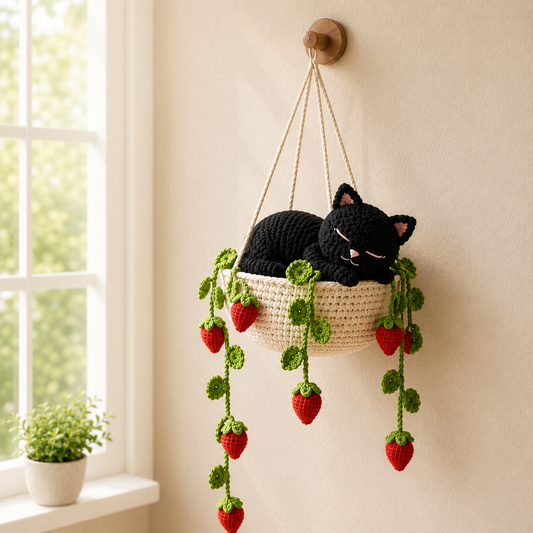 Midnight Strawberry Nap - Black Cat Crochet Hanging Basket