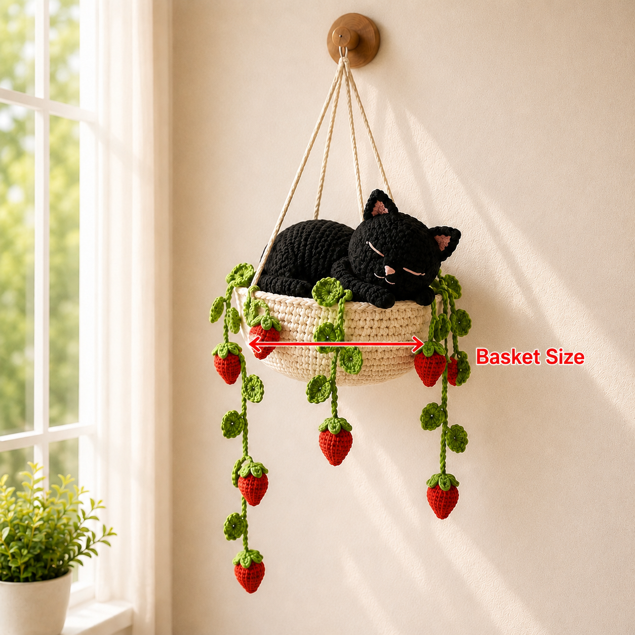 Midnight Strawberry Nap - Black Cat Crochet Hanging Basket