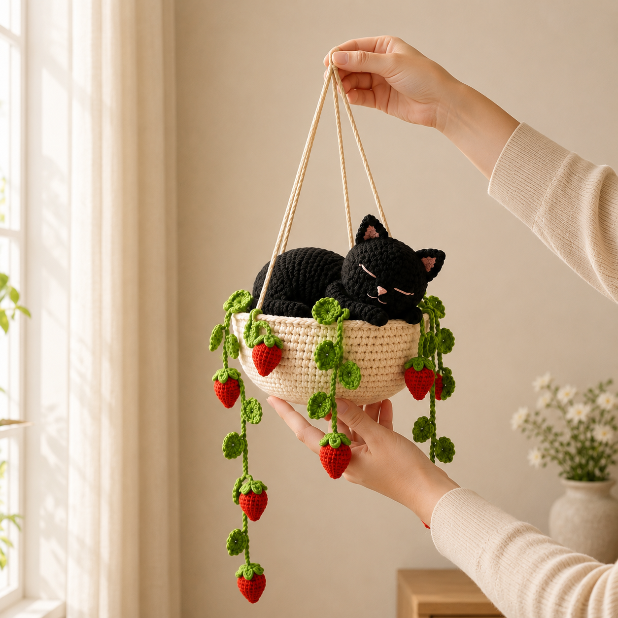 Midnight Strawberry Nap - Black Cat Crochet Hanging Basket