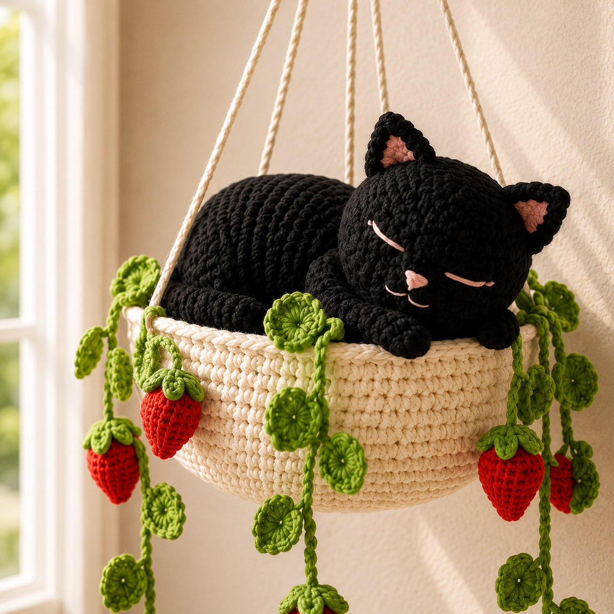 Midnight Strawberry Nap - Black Cat Crochet Hanging Basket