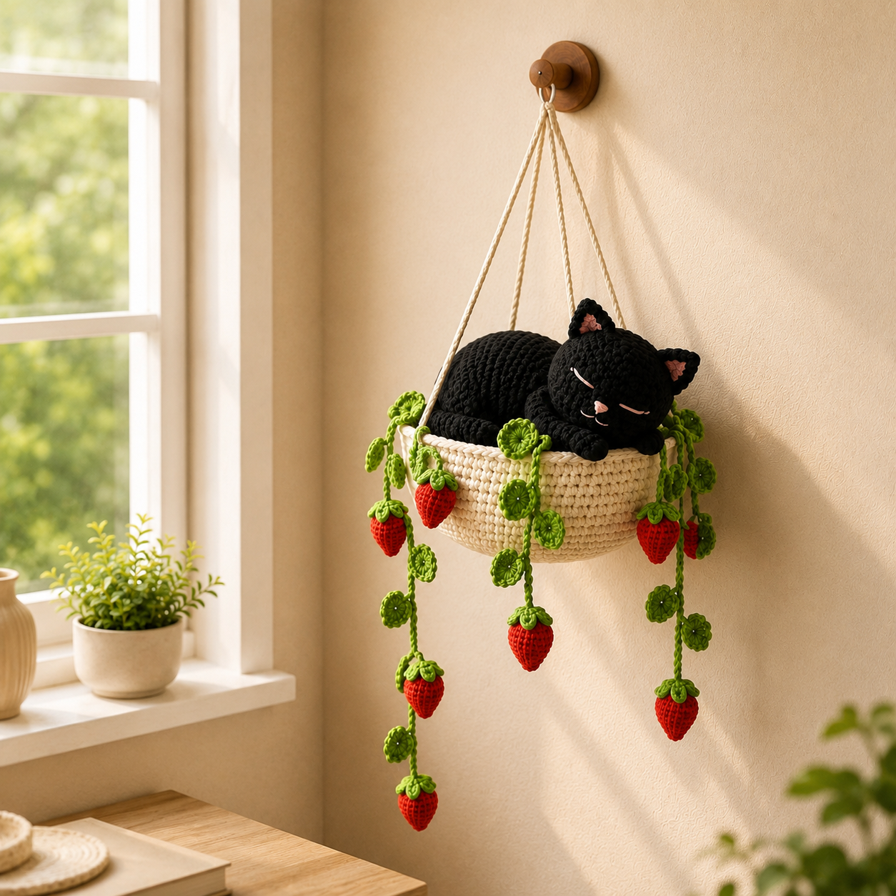 Midnight Strawberry Nap - Black Cat Crochet Hanging Basket