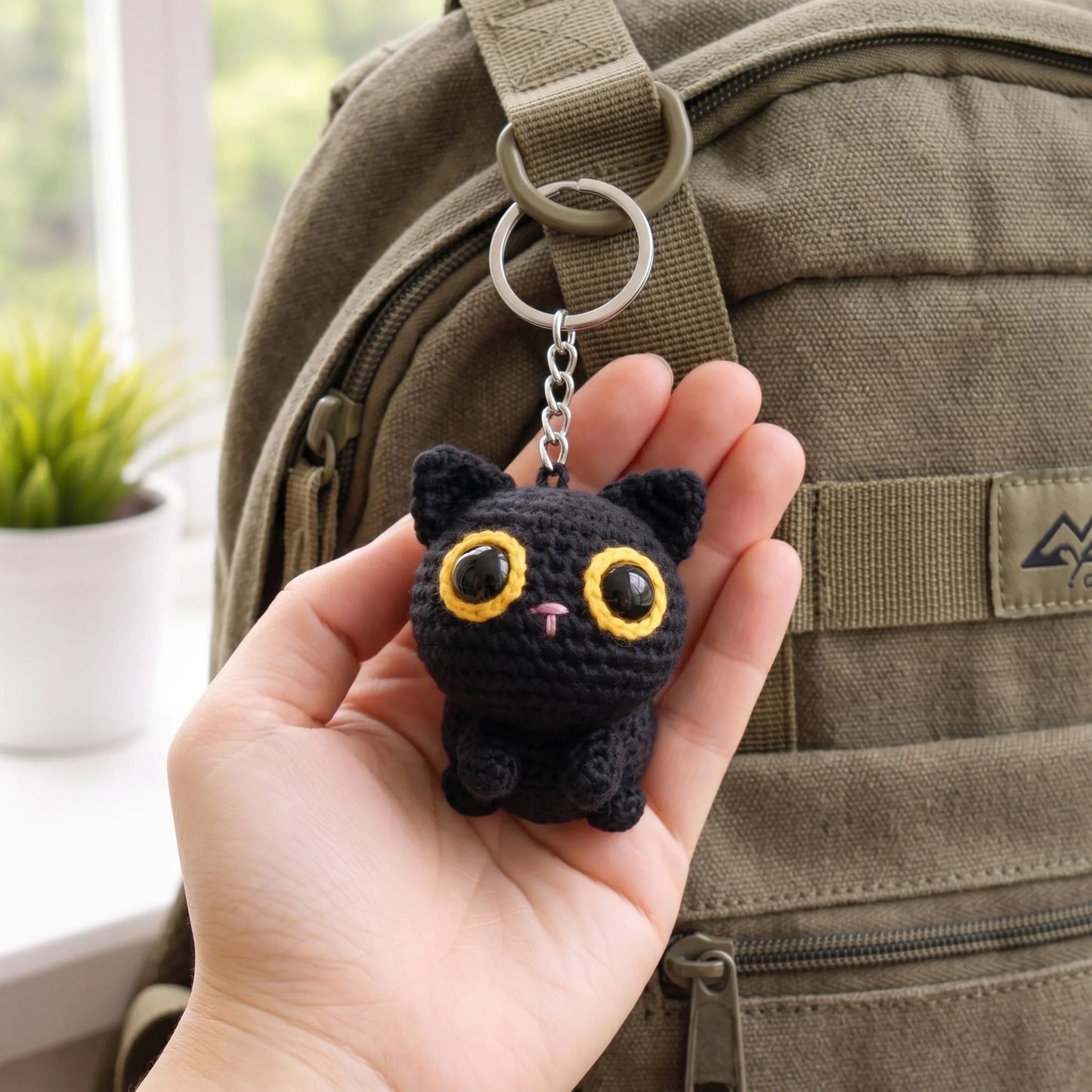 Pocket Night Watcher - Handmade Crochet Black Cat Keychain