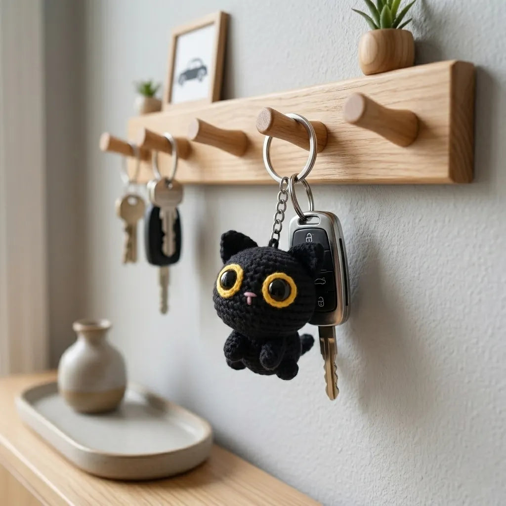 Pocket Night Watcher - Handmade Crochet Black Cat Keychain
