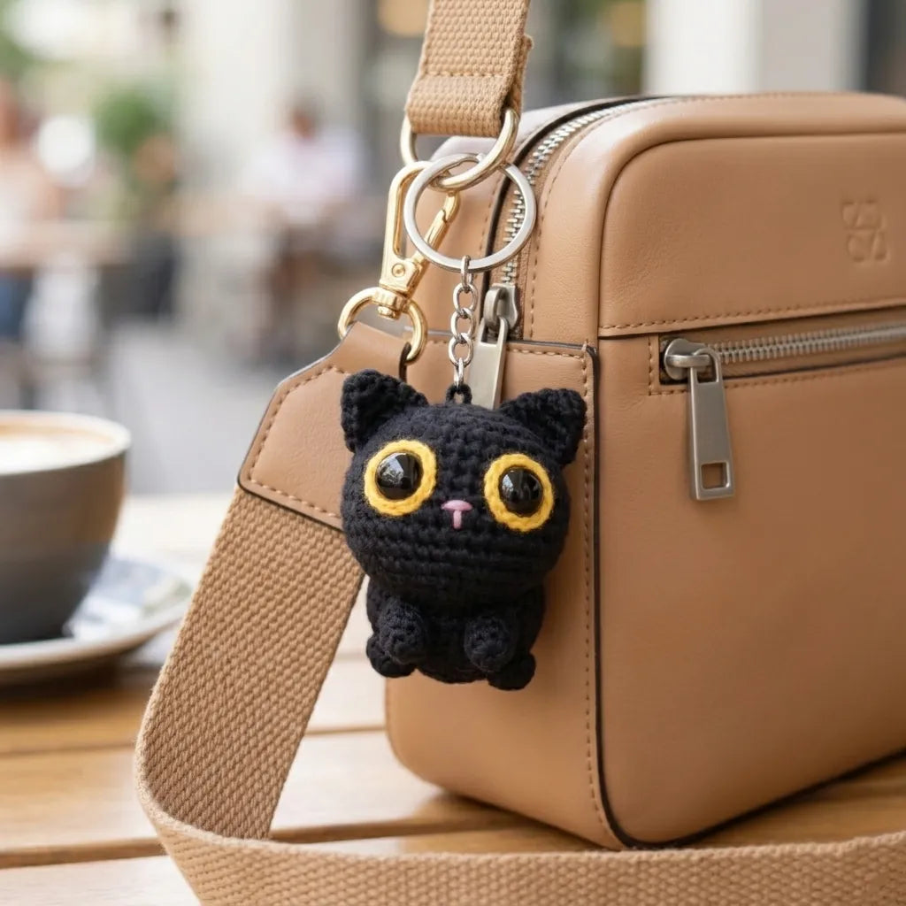 Pocket Night Watcher - Handmade Crochet Black Cat Keychain