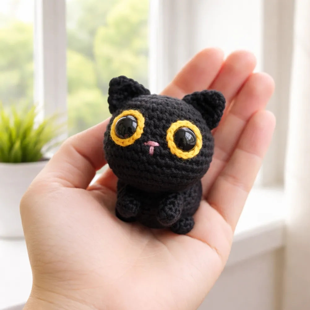 Pocket Night Watcher - Handmade Crochet Black Cat Keychain