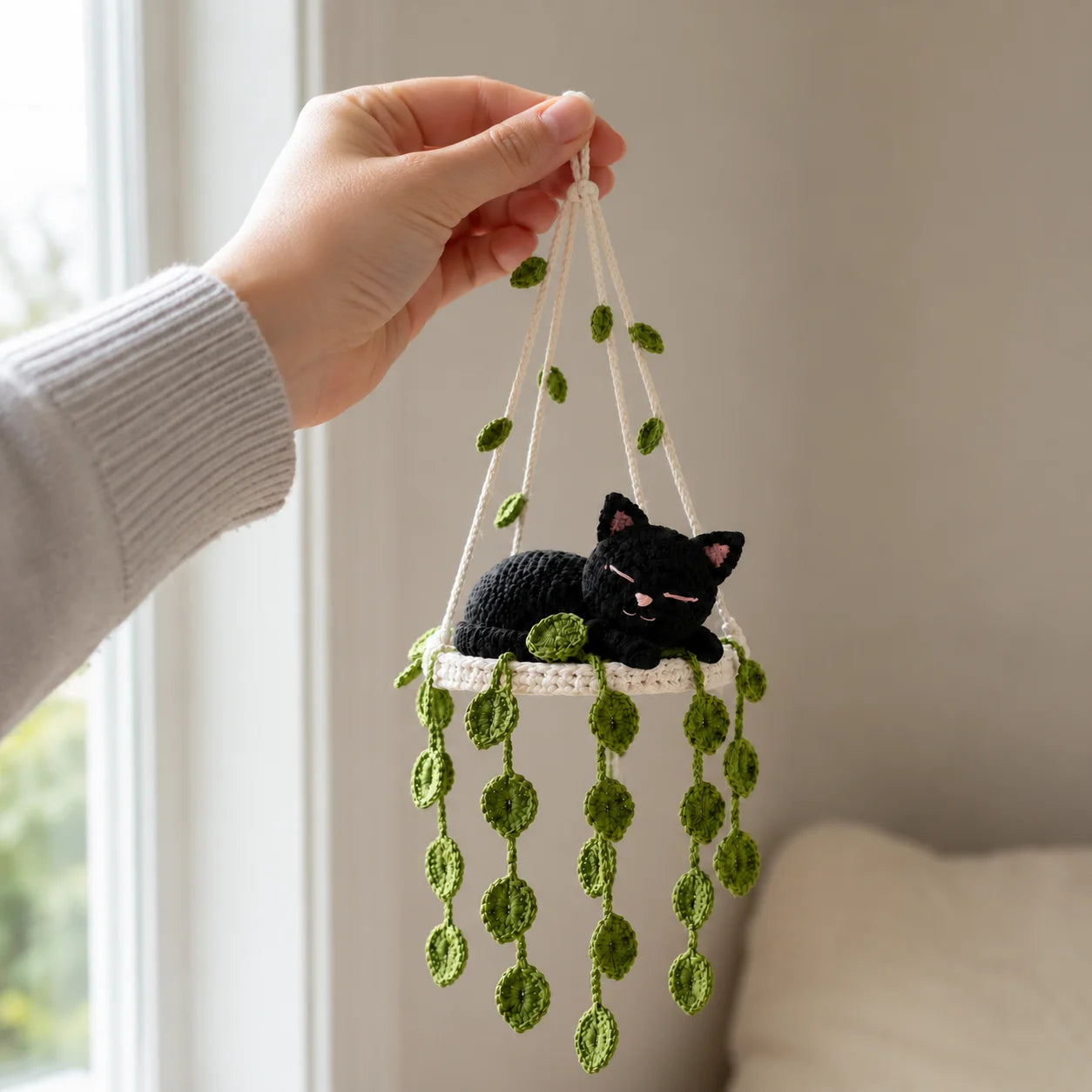 Midnight Leaf Dreamer - Handmade Crochet Black Cat Hanging Decor
