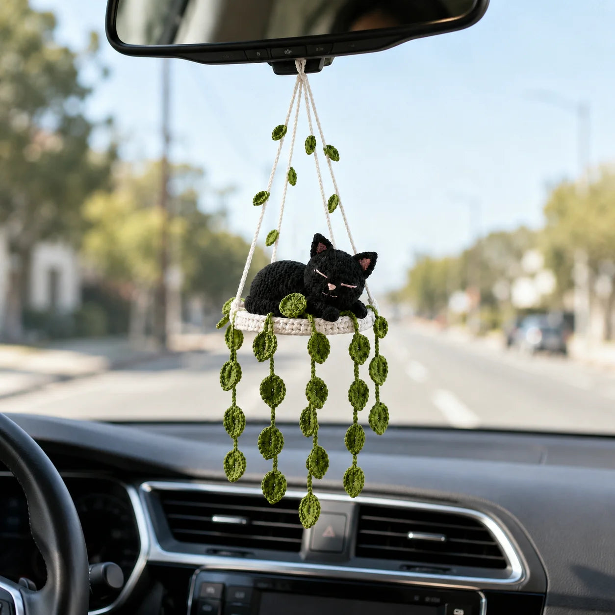 Midnight Leaf Dreamer - Handmade Crochet Black Cat Hanging Decor