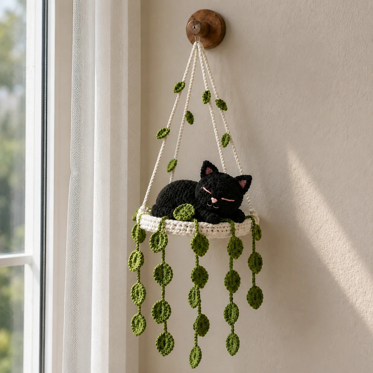 Midnight Leaf Dreamer - Handmade Crochet Black Cat Hanging Decor