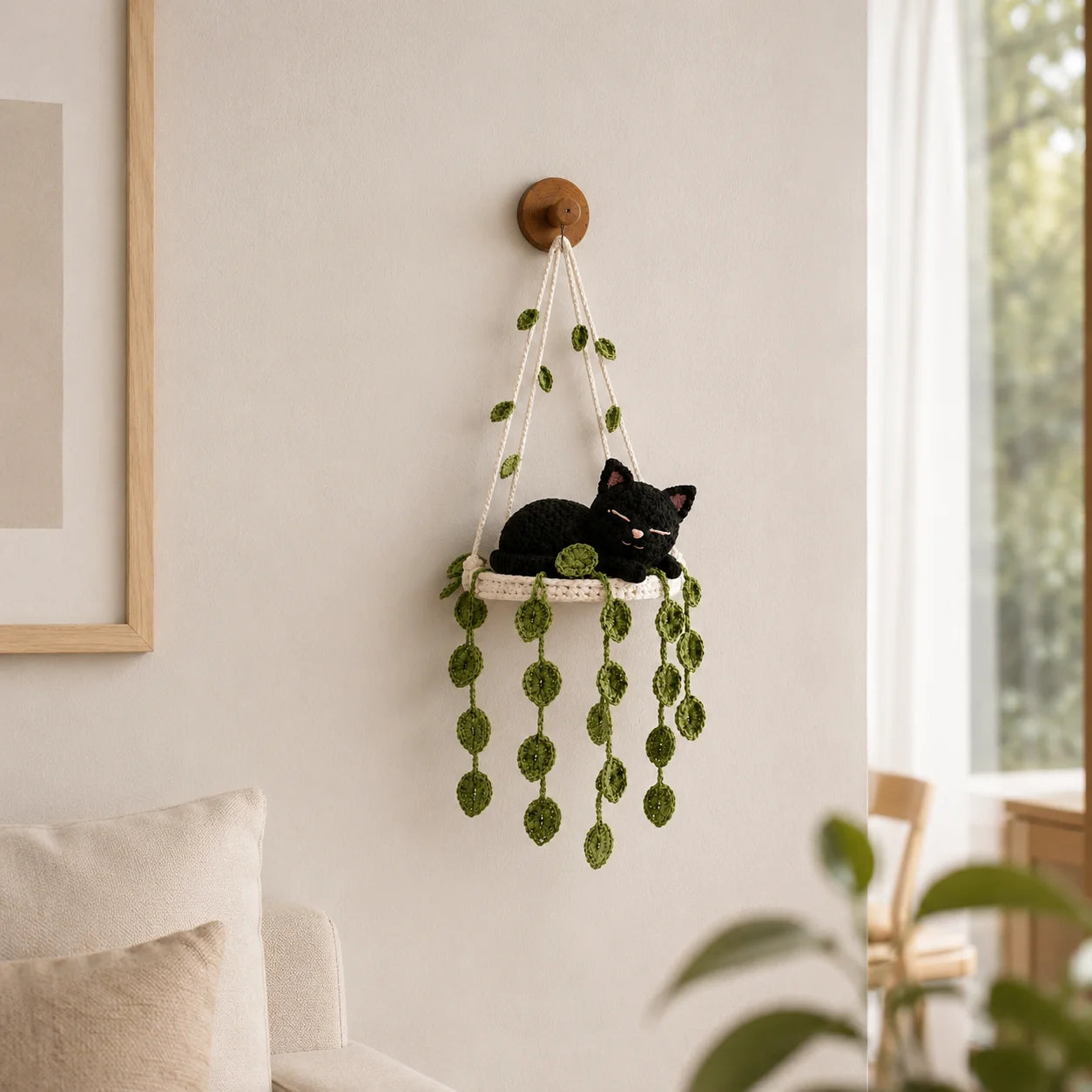 Midnight Leaf Dreamer - Handmade Crochet Black Cat Hanging Decor