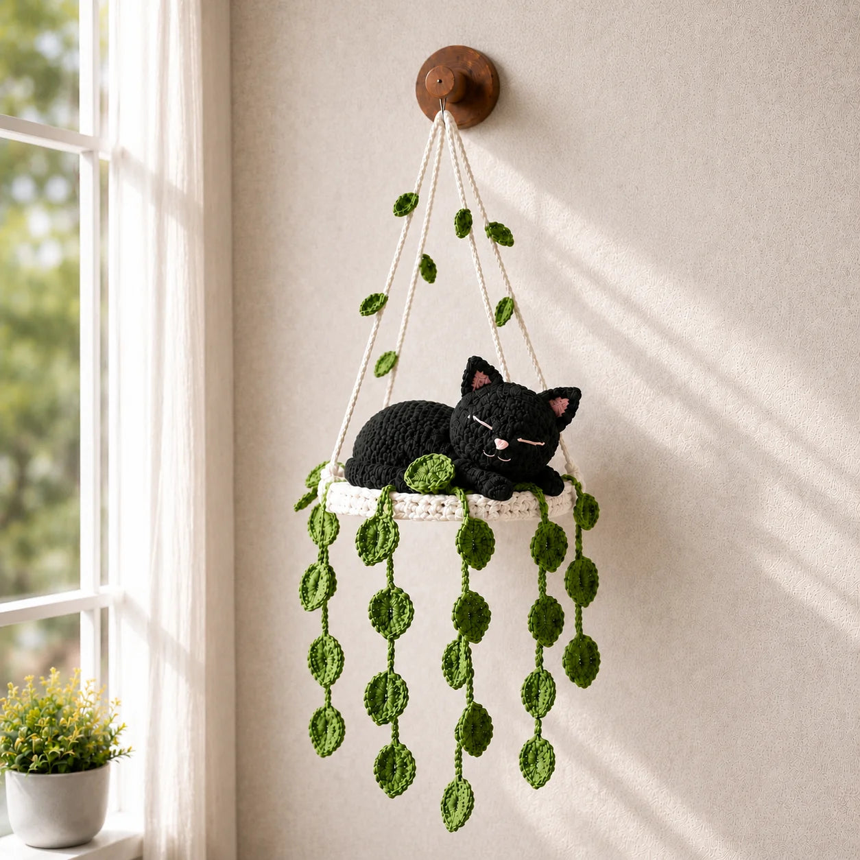 Midnight Leaf Dreamer - Handmade Crochet Black Cat Hanging Decor