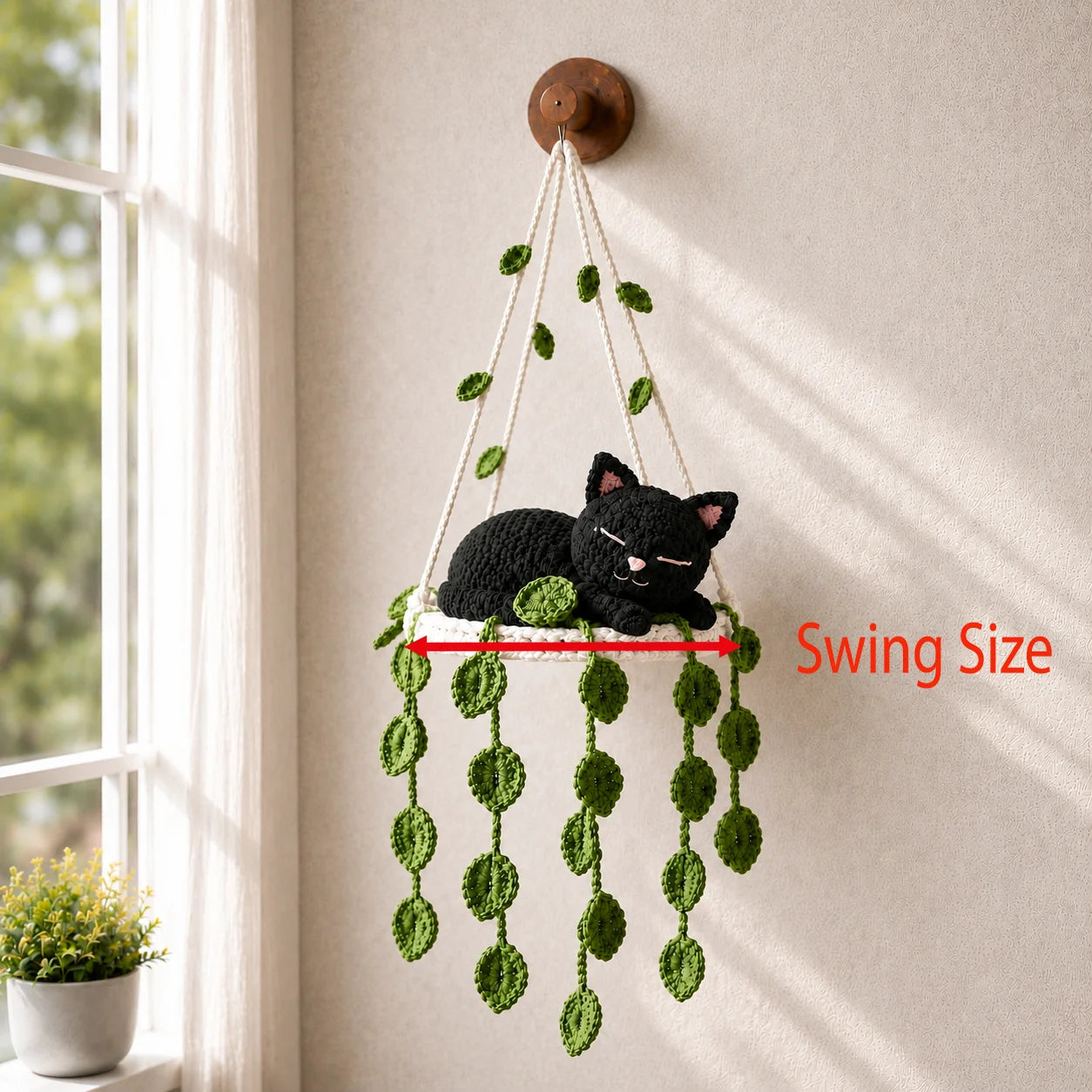 Midnight Leaf Dreamer - Handmade Crochet Black Cat Hanging Decor