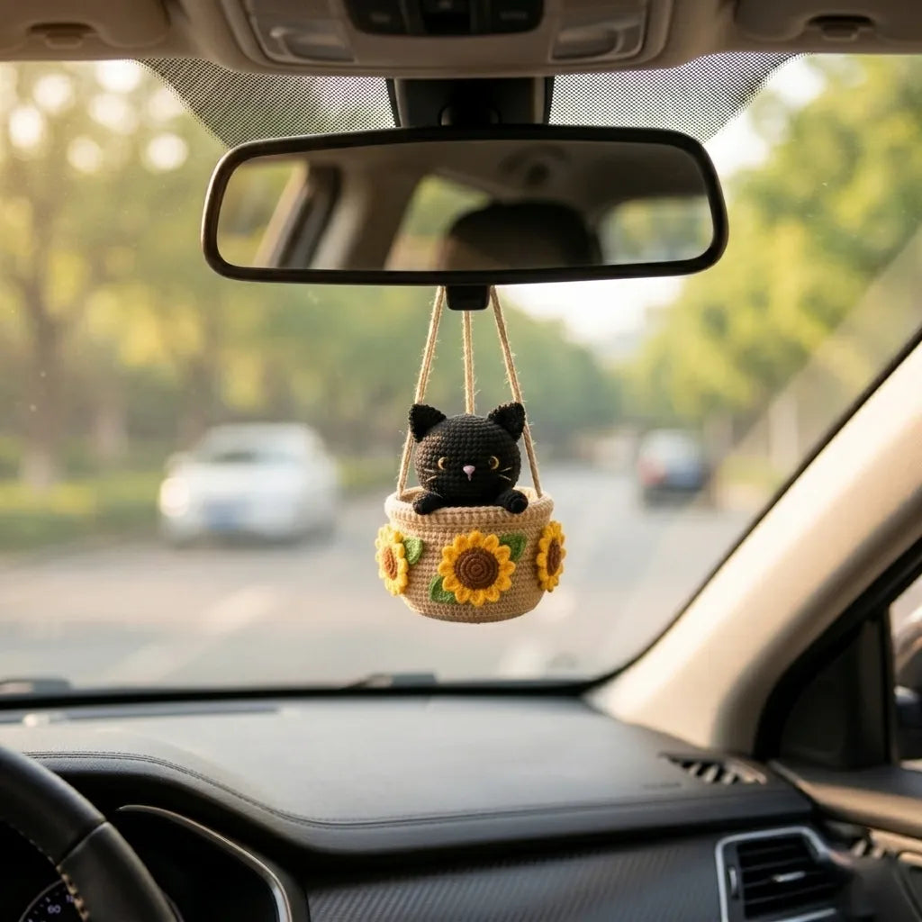 Sunflower Little Trouble - Handmade Crochet Black Cat Basket