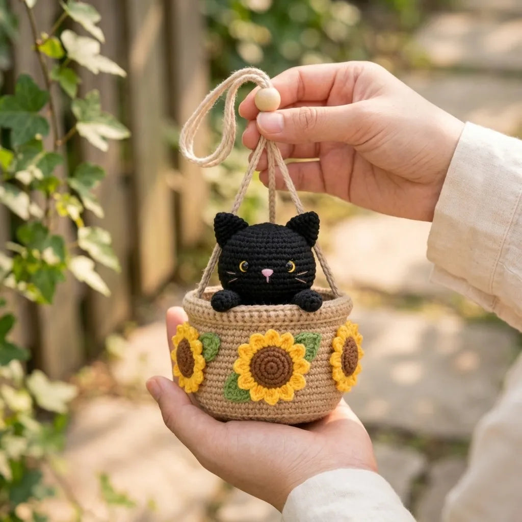 Sunflower Little Trouble - Handmade Crochet Black Cat Basket