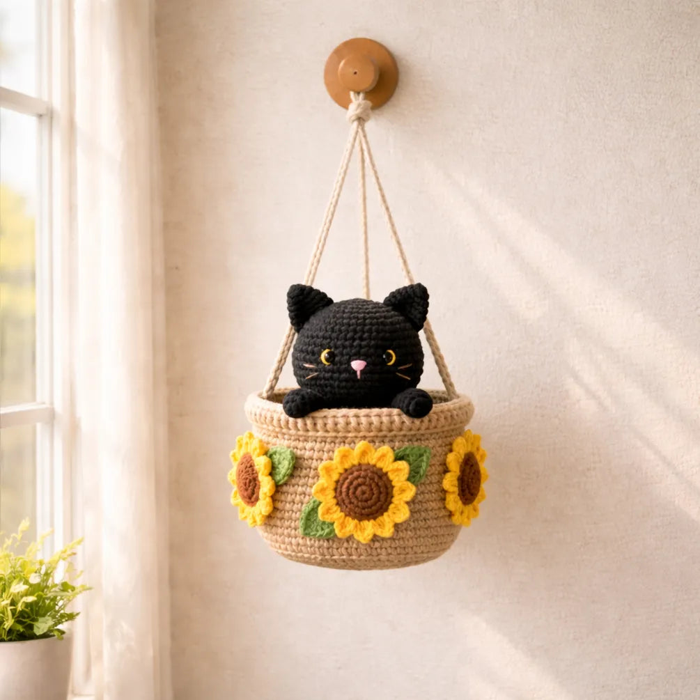 Sunflower Little Trouble - Handmade Crochet Black Cat Basket