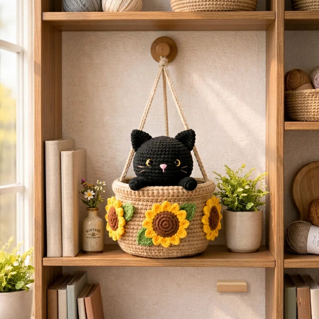 Sunflower Little Trouble - Handmade Crochet Black Cat Basket