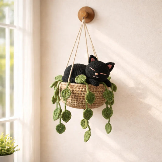 Midnight Leaf Nap - Handmade Crochet Black Cat Hanging Basket