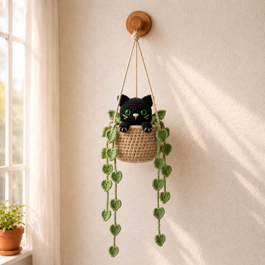 Tiny Neon Trouble - Handmade Crochet Black Cat Basket