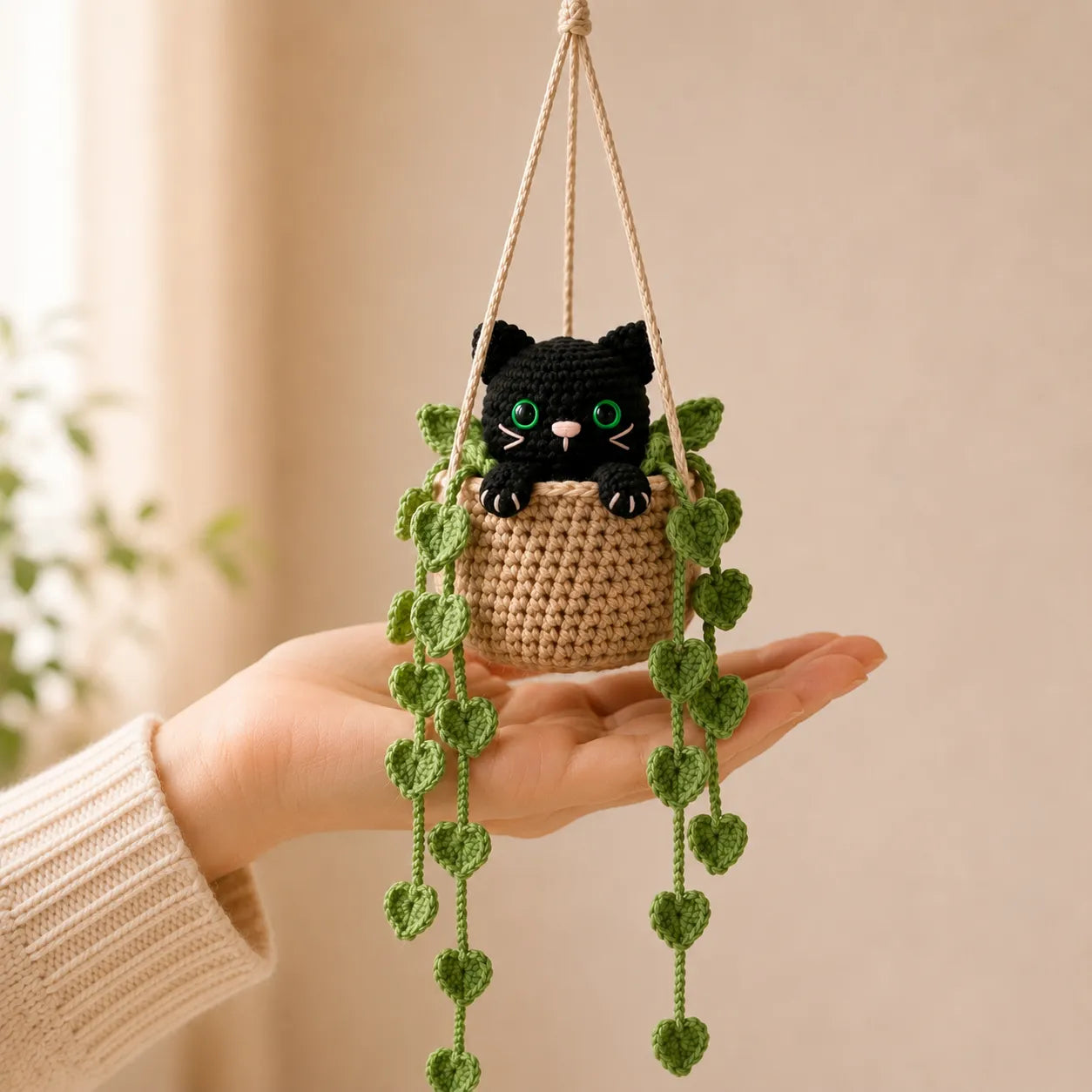 Tiny Neon Trouble - Handmade Crochet Black Cat Basket