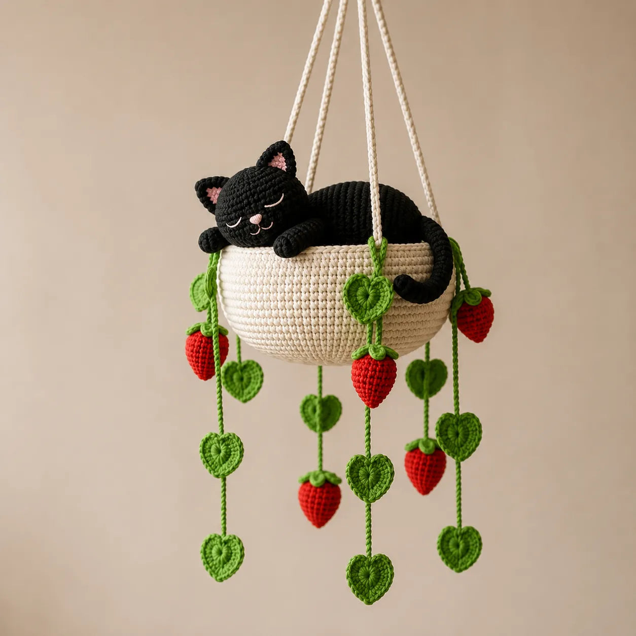 Sleeping Black Cat in Strawberry Hanging Basket