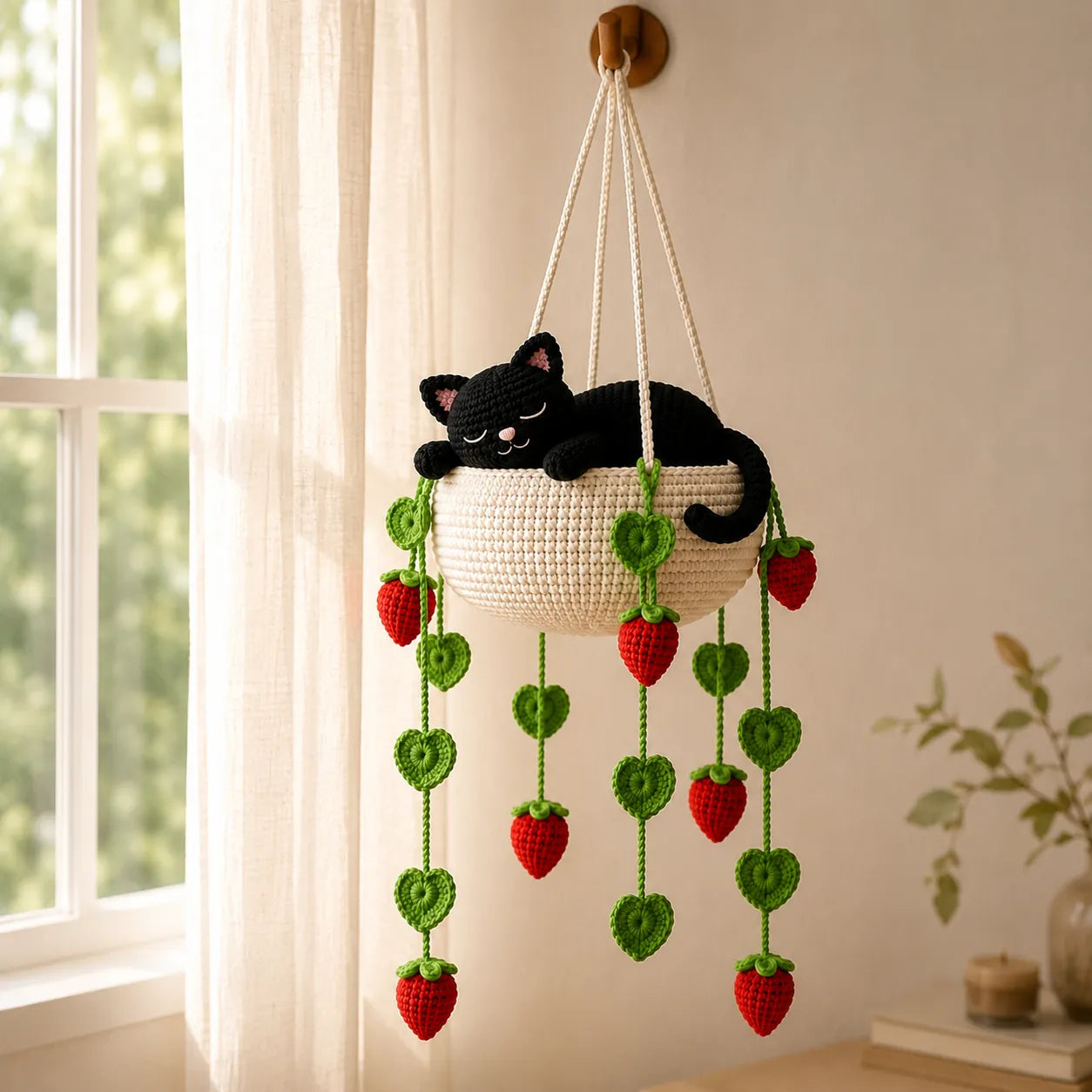 Sleeping Black Cat in Strawberry Hanging Basket