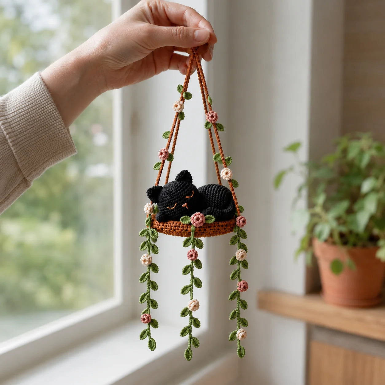Midnight Rose Dreamer - Handmade Crochet Black Cat Hanging Decor