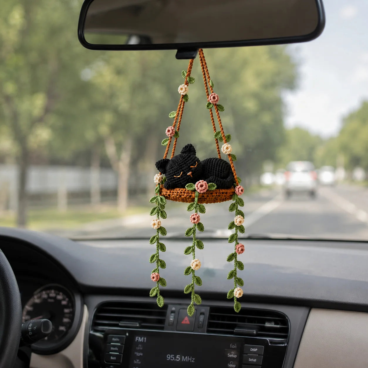 Midnight Rose Dreamer - Handmade Crochet Black Cat Hanging Decor