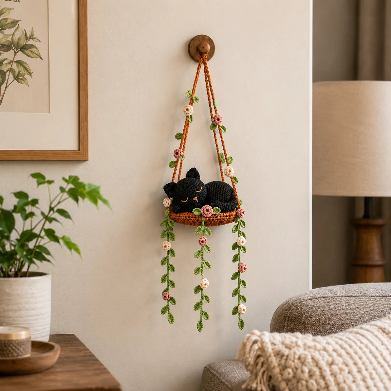 Midnight Rose Dreamer - Handmade Crochet Black Cat Hanging Decor