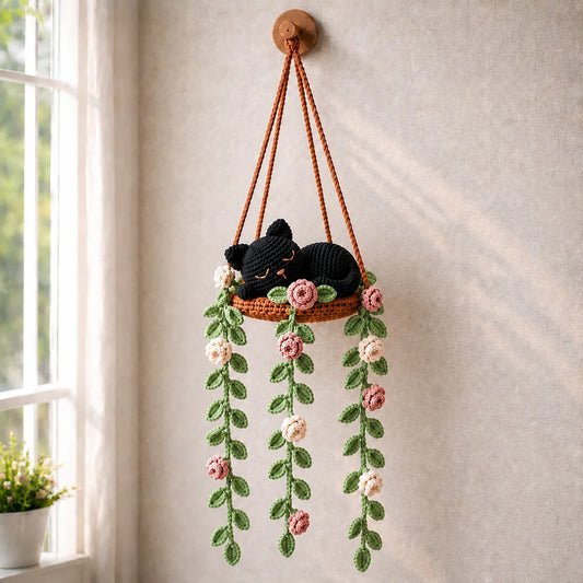 Midnight Rose Dreamer - Handmade Crochet Black Cat Hanging Decor