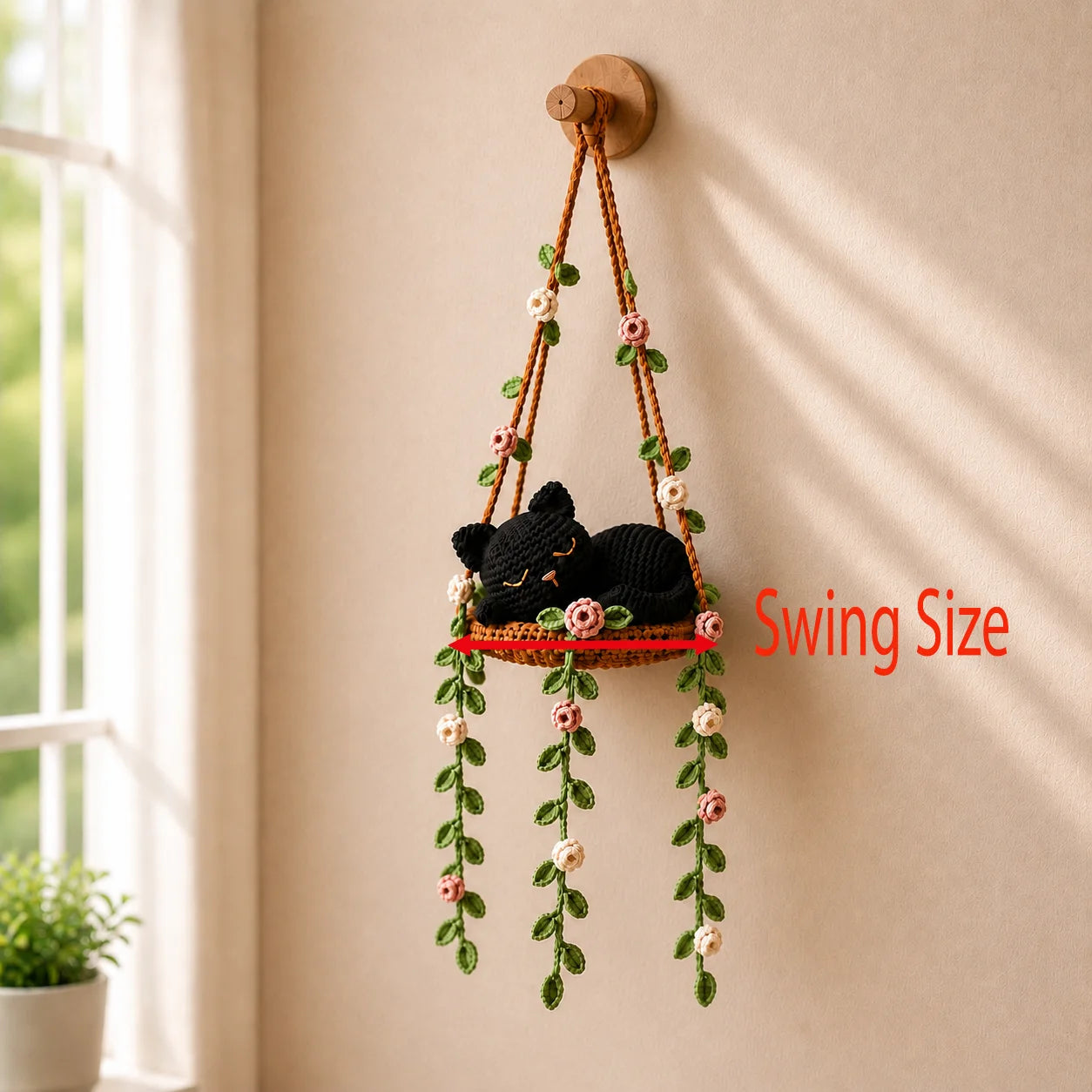 Midnight Rose Dreamer - Handmade Crochet Black Cat Hanging Decor