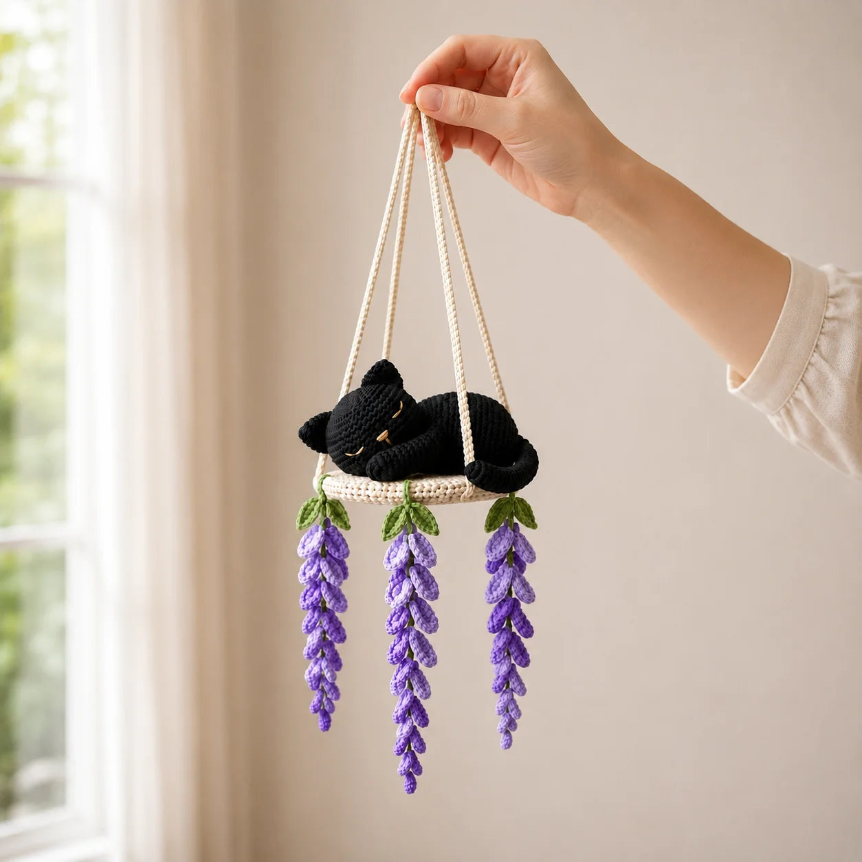 Midnight Lavender Dream - Crochet Black Cat Wisteria Swing Decor